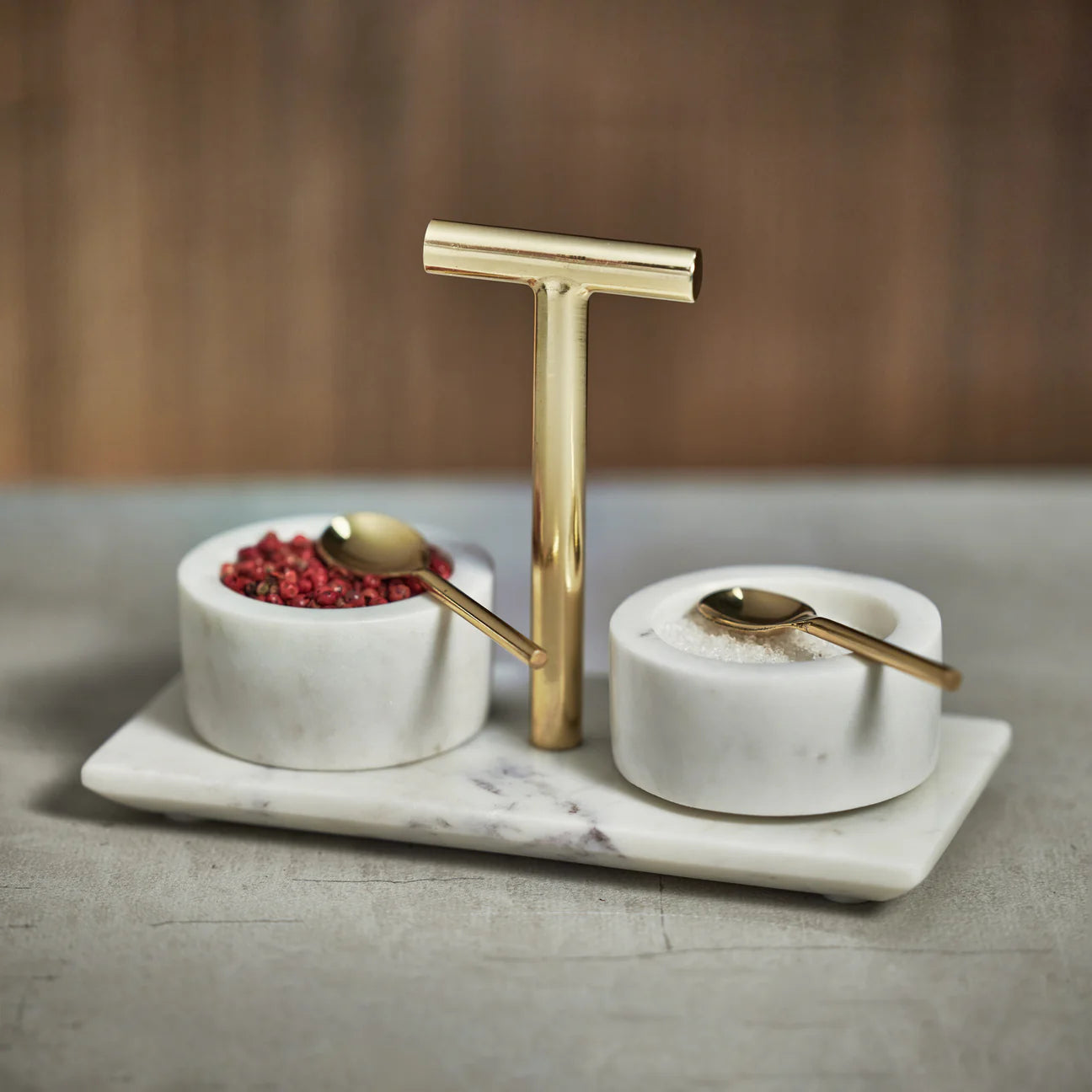 MARBLE CONDIMENT SET OF 2 BOWLS WITH SPOONS