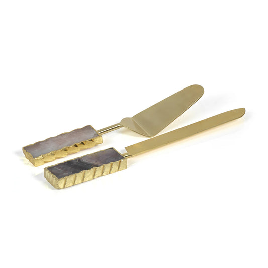 MATTE GOLD CAKE SERVER SET WITH AGATE HANDLES