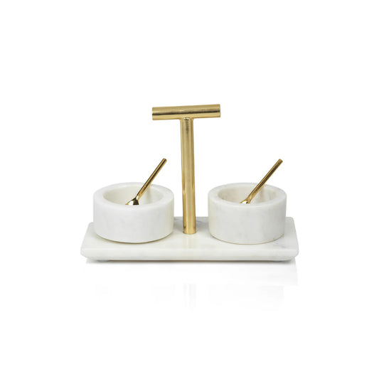 MARBLE CONDIMENT SET OF 2 BOWLS WITH SPOONS